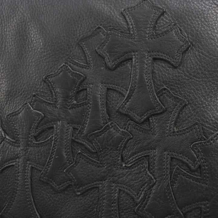 美品▼CHROME HEARTS クロムハーツ レザー セメタリークロスパッチ ラージ ソフトショルダーバッグ ブラック シルバー 保存袋付き メンズ