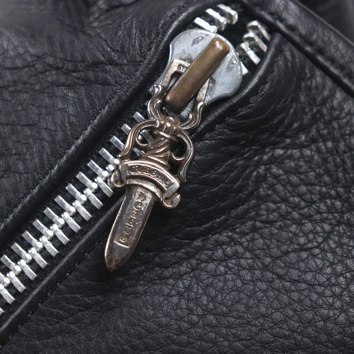 美品▼CHROME HEARTS クロムハーツ レザー セメタリークロスパッチ ラージ ソフトショルダーバッグ ブラック シルバー 保存袋付き メンズ