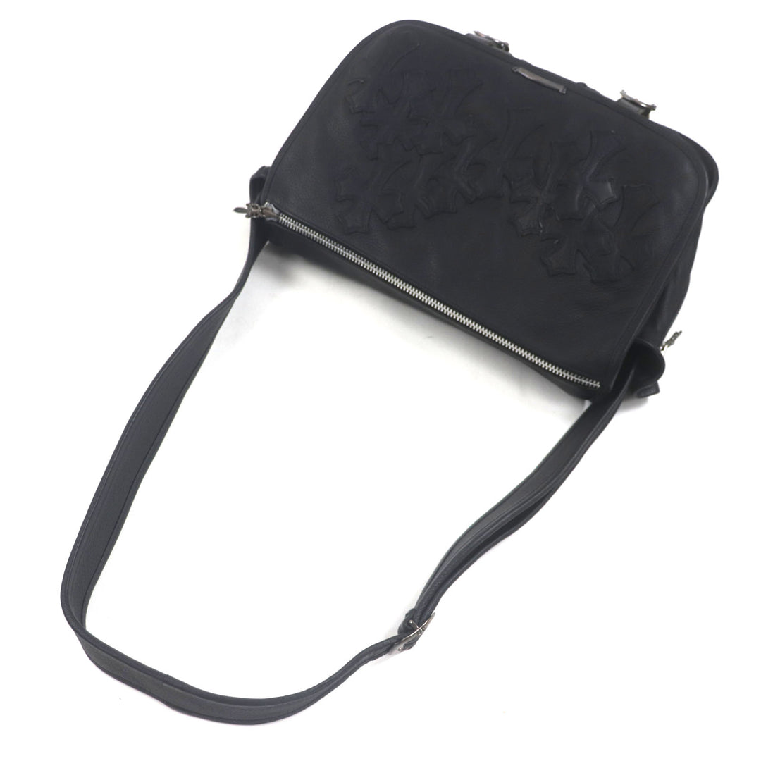 美品▼CHROME HEARTS クロムハーツ レザー セメタリークロスパッチ ラージ ソフトショルダーバッグ ブラック シルバー 保存袋付き メンズ
