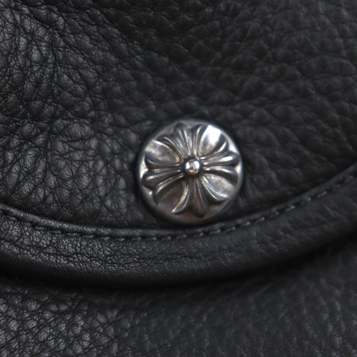 美品▼CHROME HEARTS クロムハーツ レザー セメタリークロスパッチ ラージ ソフトショルダーバッグ ブラック シルバー 保存袋付き メンズ