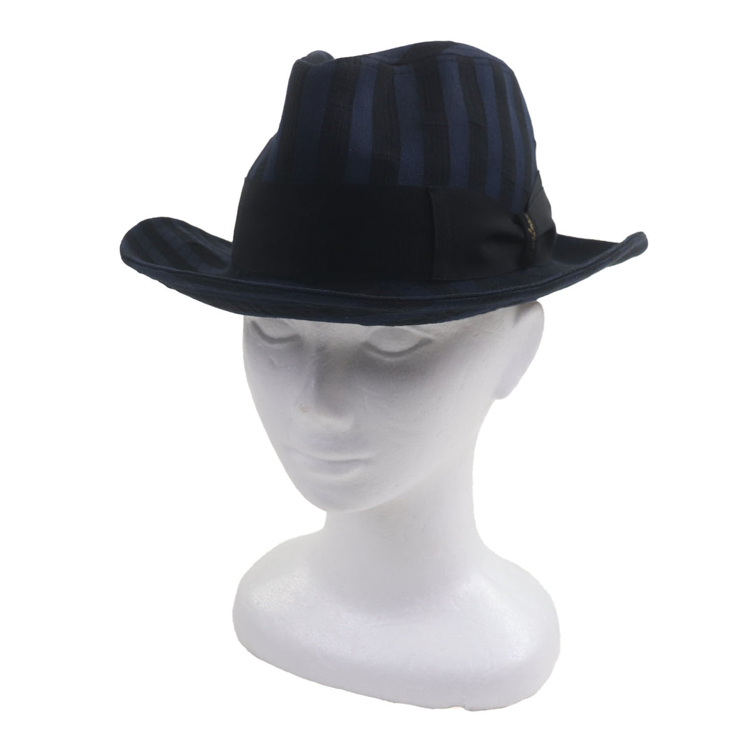 美品▼Borsalino ボルサリーノ ストライプ柄 ロゴ入りリボン 中折れ帽子 ハット ネイビー ブラック 57 イタリア製 正規品 メンズ