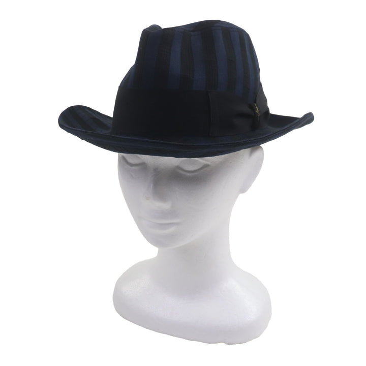 美品▼Borsalino ボルサリーノ ストライプ柄 ロゴ入りリボン 中折れ帽子 ハット ネイビー ブラック 57 イタリア製 正規品 メンズ