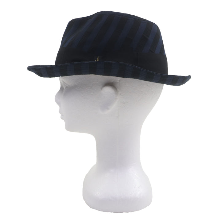 美品▼Borsalino ボルサリーノ ストライプ柄 ロゴ入りリボン 中折れ帽子 ハット ネイビー ブラック 57 イタリア製 正規品 メンズ