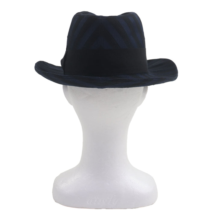 美品▼Borsalino ボルサリーノ ストライプ柄 ロゴ入りリボン 中折れ帽子 ハット ネイビー ブラック 57 イタリア製 正規品 メンズ