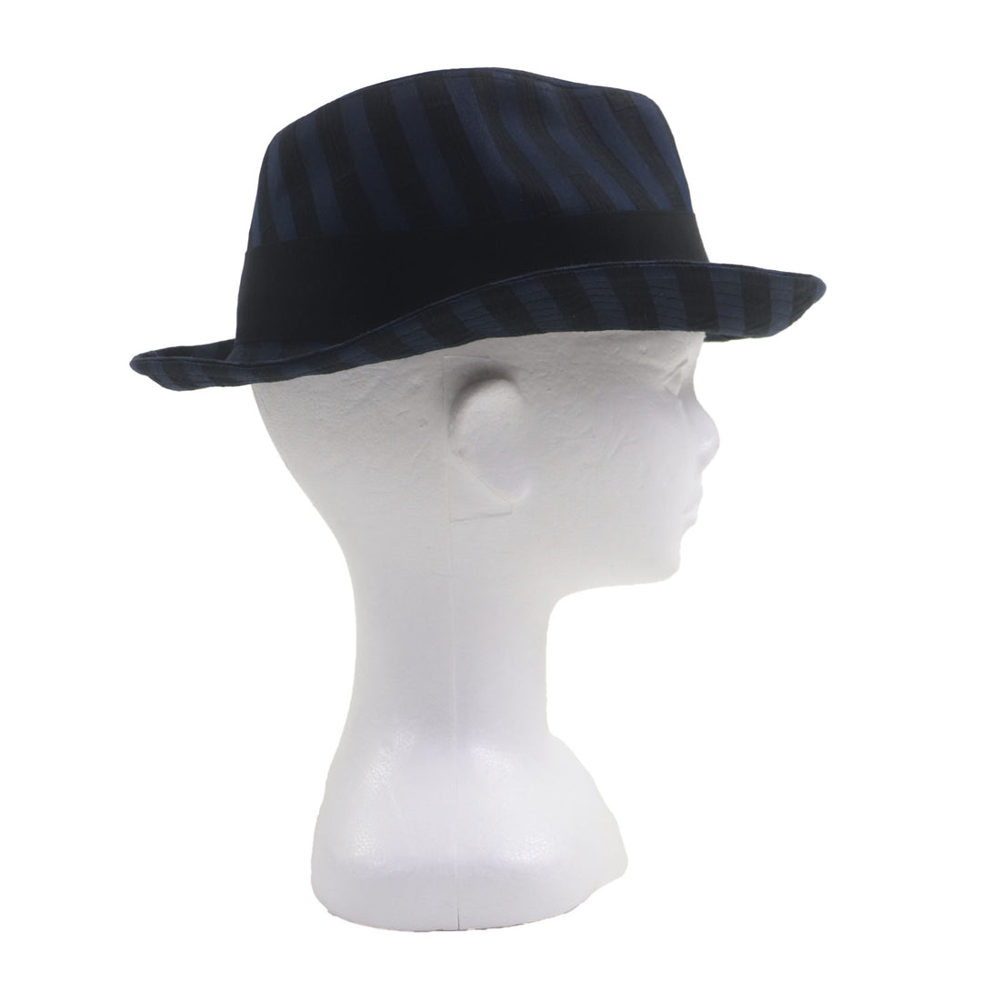 美品▼Borsalino ボルサリーノ ストライプ柄 ロゴ入りリボン 中折れ帽子 ハット ネイビー ブラック 57 イタリア製 正規品 メンズ