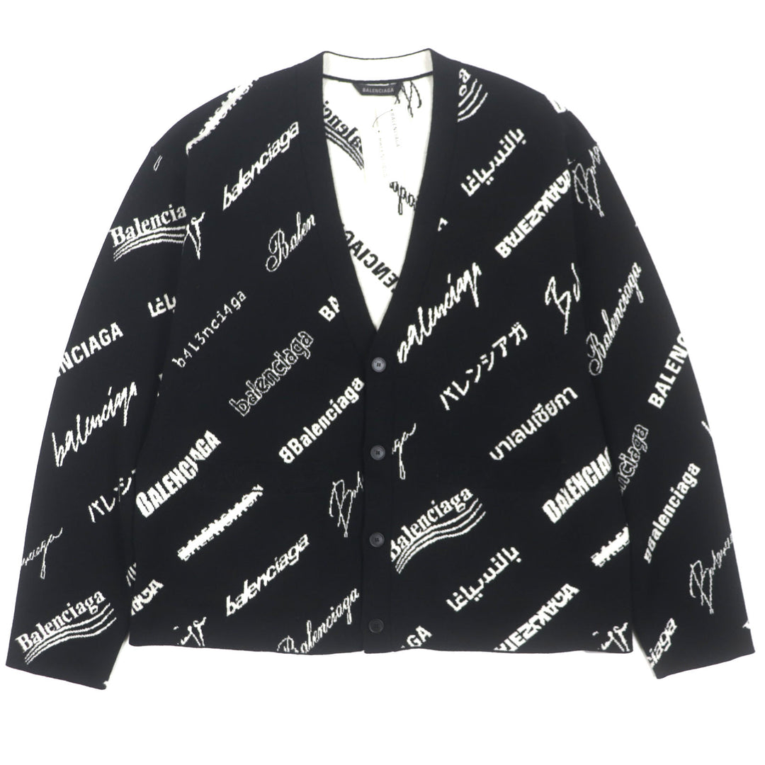 未使用品▼BALENCIAGA バレンシアガ 23SS 724852 Logomaia All Over Cardigan Vネック ロゴ入りボタン 厚手 ニットカーディガン 1 正規品