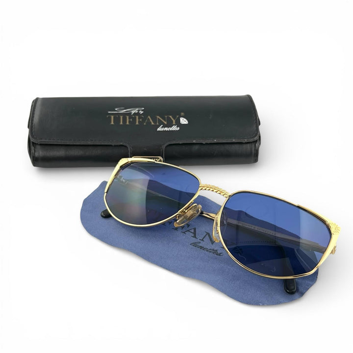 美品▲TIFFANY LUNETTES ティファニー ルネッツ ヴィンテージ 23k Gold Plated サングラス ブルー ゴールド 58□17 140 イタリア製