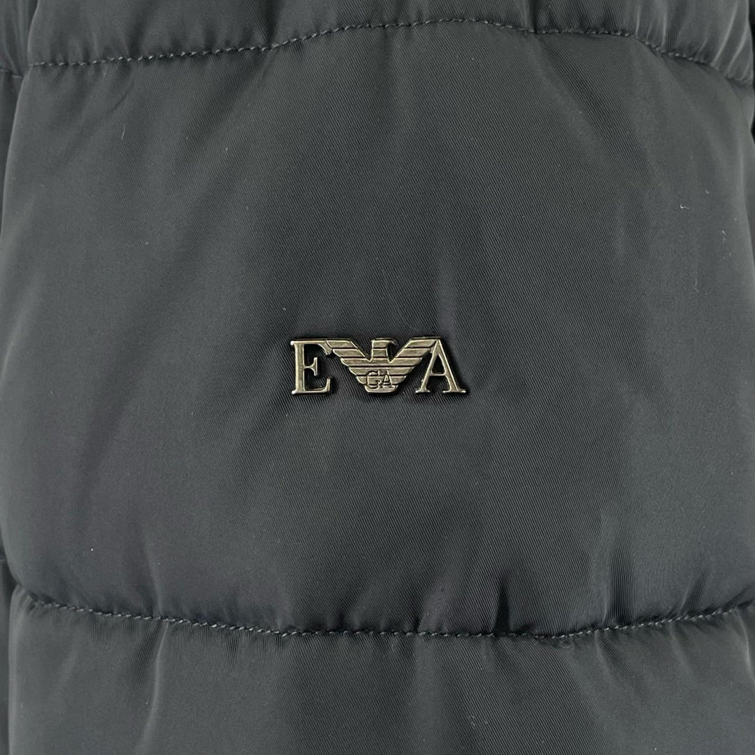 美品▲EMPORIO ARMANI エンポリオ アルマーニ ロゴボタン フード付き 中綿入り コート 撥水加工 ネイビー 40 正規品 レディース