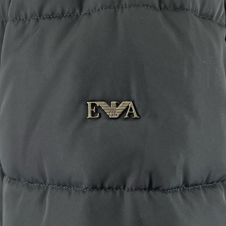 美品▲EMPORIO ARMANI エンポリオ アルマーニ ロゴボタン フード付き 中綿入り コート 撥水加工 ネイビー 40 正規品 レディース