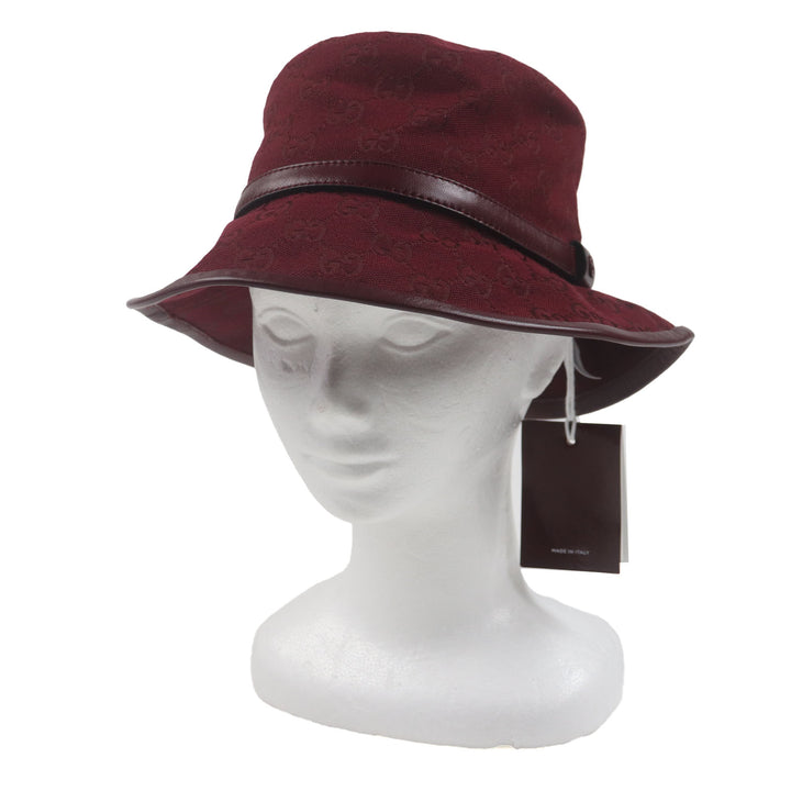 未使用品▼GUCCI グッチ 833280 GGモノグラム レザー使い 帽子 バケットハット ボルドー L 58cm 保存袋付き 伊製 正規品 ユニセックス