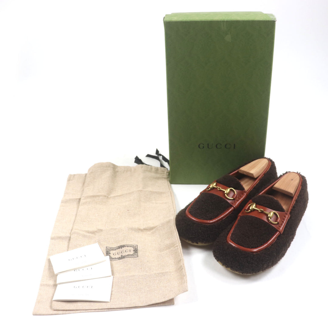 未使用品▼GUCCI グッチ 716017 ボア レザー ホースビット モカシン Uチップ スリッポン ローファー ブラウン 6 保存袋付 伊製 メンズ
