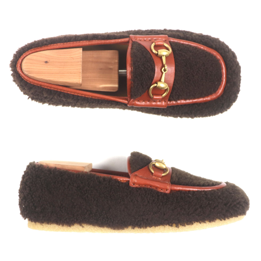 未使用品▼GUCCI グッチ 716017 ボア レザー ホースビット モカシン Uチップ スリッポン ローファー ブラウン 6 保存袋付 伊製 メンズ