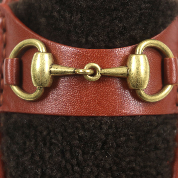 未使用品▼GUCCI グッチ 716017 ボア レザー ホースビット モカシン Uチップ スリッポン ローファー ブラウン 6 保存袋付 伊製 メンズ