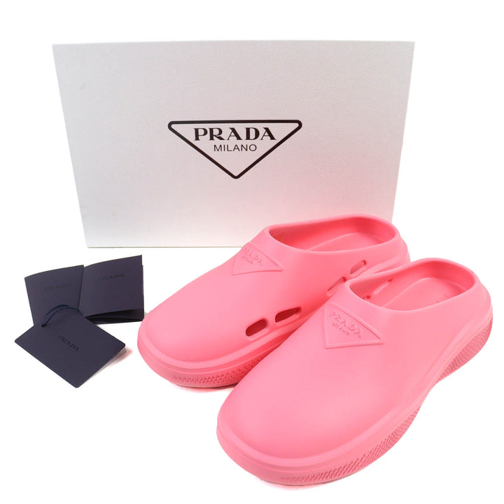 未使用品△PRADA プラダ 1S811M トライアングルロゴ ラバー サンダル ミュール スリッポン ピンク 36 箱付き イタリア製 レディース
