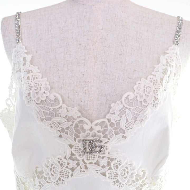 極美品☆DOLCE&amp;GABBANA ドルチェ＆ガッバーナ カットワークレース DGビジュー ドレス ワンピース ホワイト 44 伊製 正規品 レディース