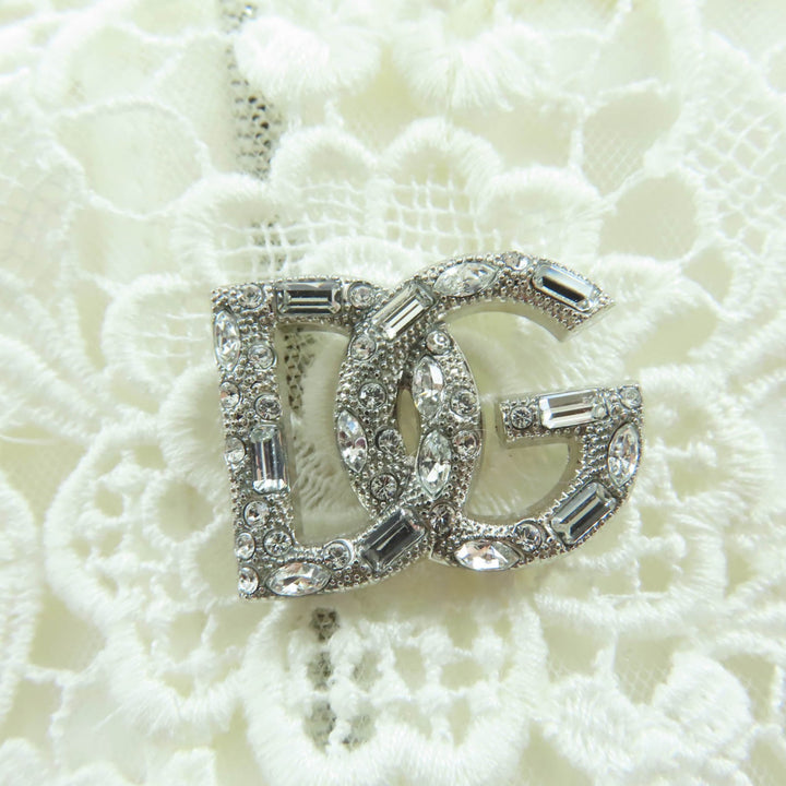 極美品☆DOLCE&amp;GABBANA ドルチェ＆ガッバーナ カットワークレース DGビジュー ドレス ワンピース ホワイト 44 伊製 正規品 レディース