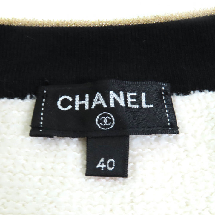 極美品△CHANEL シャネル P60477 ココマークボタン コットン パイル地 ニット カーディガン ホワイト ブラック ゴールド 40 イタリア製