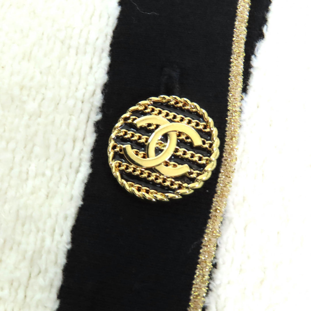 極美品△CHANEL シャネル P60477 ココマークボタン コットン パイル地 ニット カーディガン ホワイト ブラック ゴールド 40 イタリア製