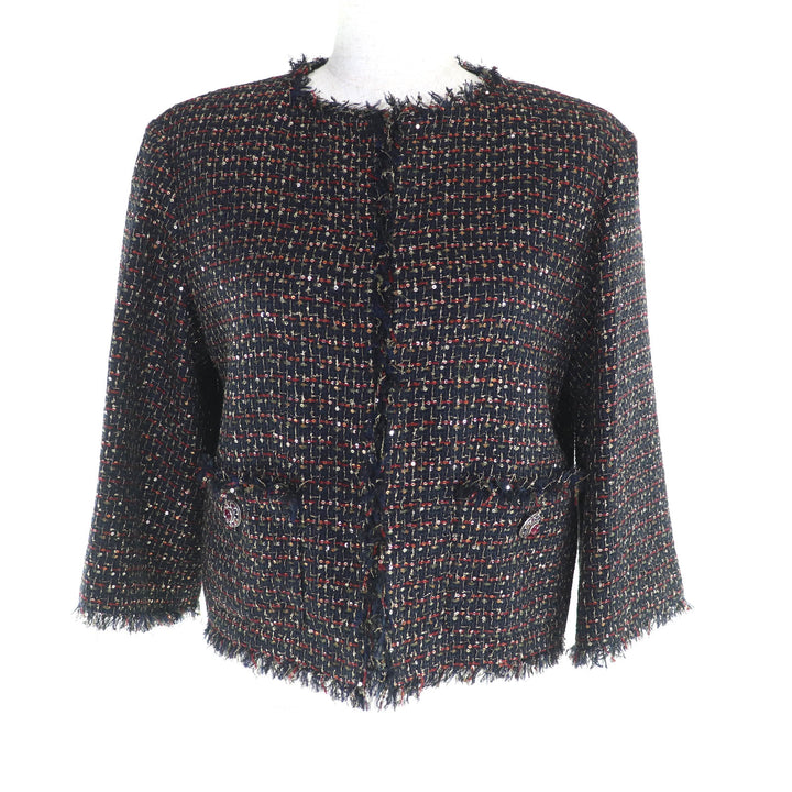 極美品★CHANEL シャネル 12A P44038 石付きボタン スパンコール ツイード ノーカラージャケット マルチ 34 ハンガー付き 仏製 正規品