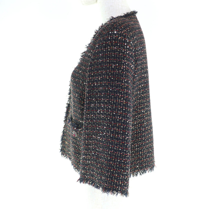 極美品★CHANEL シャネル 12A P44038 石付きボタン スパンコール ツイード ノーカラージャケット マルチ 34 ハンガー付き 仏製 正規品