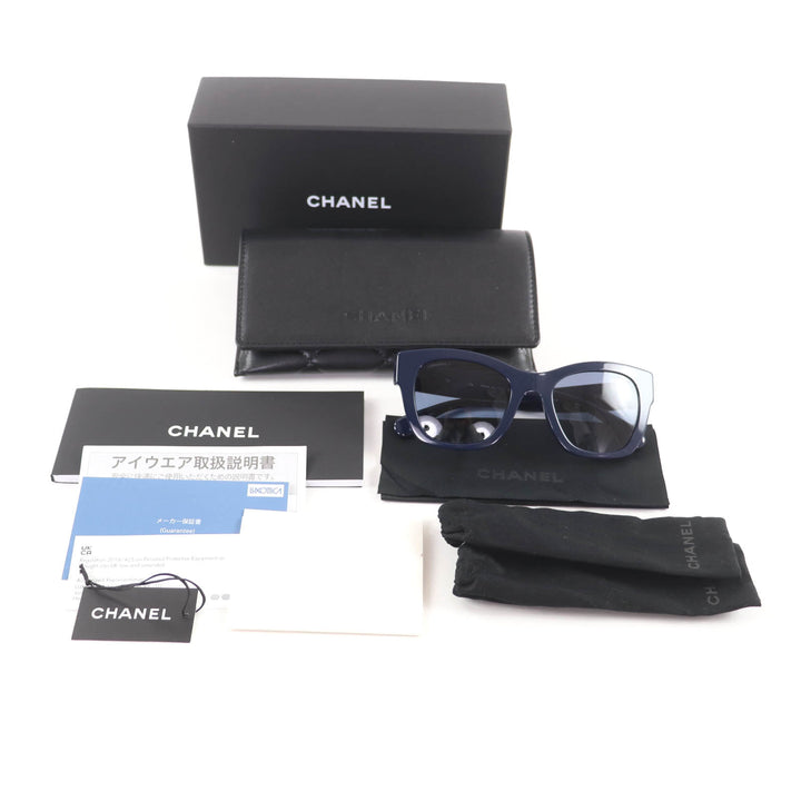 極美品★CHANEL シャネル 5478-A ココマーク フェイクパール カメリア ハート サングラス ネイビー 51□21 140 箱・保存袋・ケース付