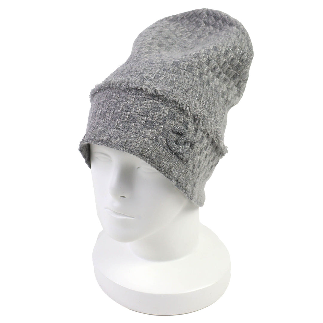 美品△CHANEL シャネル 16B カシミヤ ココマーク フリンジデザイン ラメ糸入り ビーニー ニット帽 ニットキャップ グレー レディース