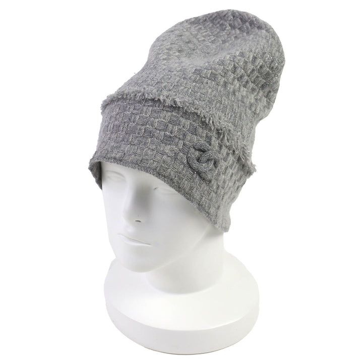 美品△CHANEL シャネル 16B カシミヤ ココマーク フリンジデザイン ラメ糸入り ビーニー ニット帽 ニットキャップ グレー レディース