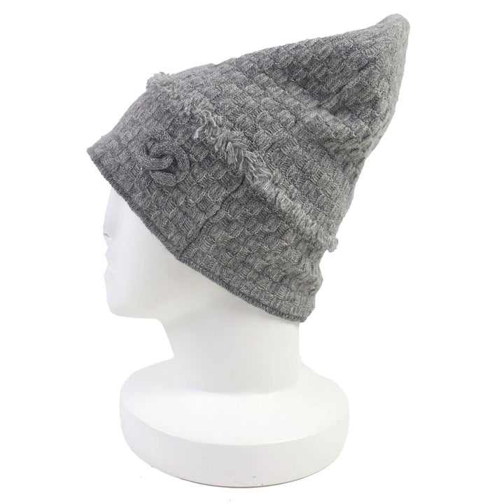 美品△CHANEL シャネル 16B カシミヤ ココマーク フリンジデザイン ラメ糸入り ビーニー ニット帽 ニットキャップ グレー レディース