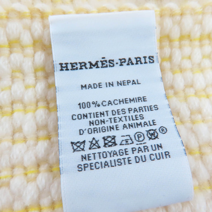 美品☆HERMES エルメス カシミヤ100％ ウェイビーダブルフェイス フリンジ付 ニット 大判 マフラー イエロー レディース