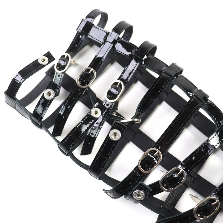 極美品△CHANEL シャネル パテントレザー ベルトデザイン グラディエーター ロング サンダル 希少 ブラック 37.5 箱・保存袋付き 伊製