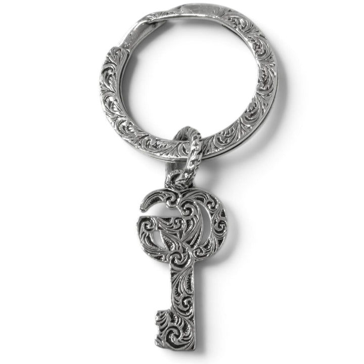 美品□GUCCI グッチ 627765 AG925 アラベスク ダブルG キーモチーフ バッグチャーム キーホルダー シルバー イタリア製 重量16.7g メンズ