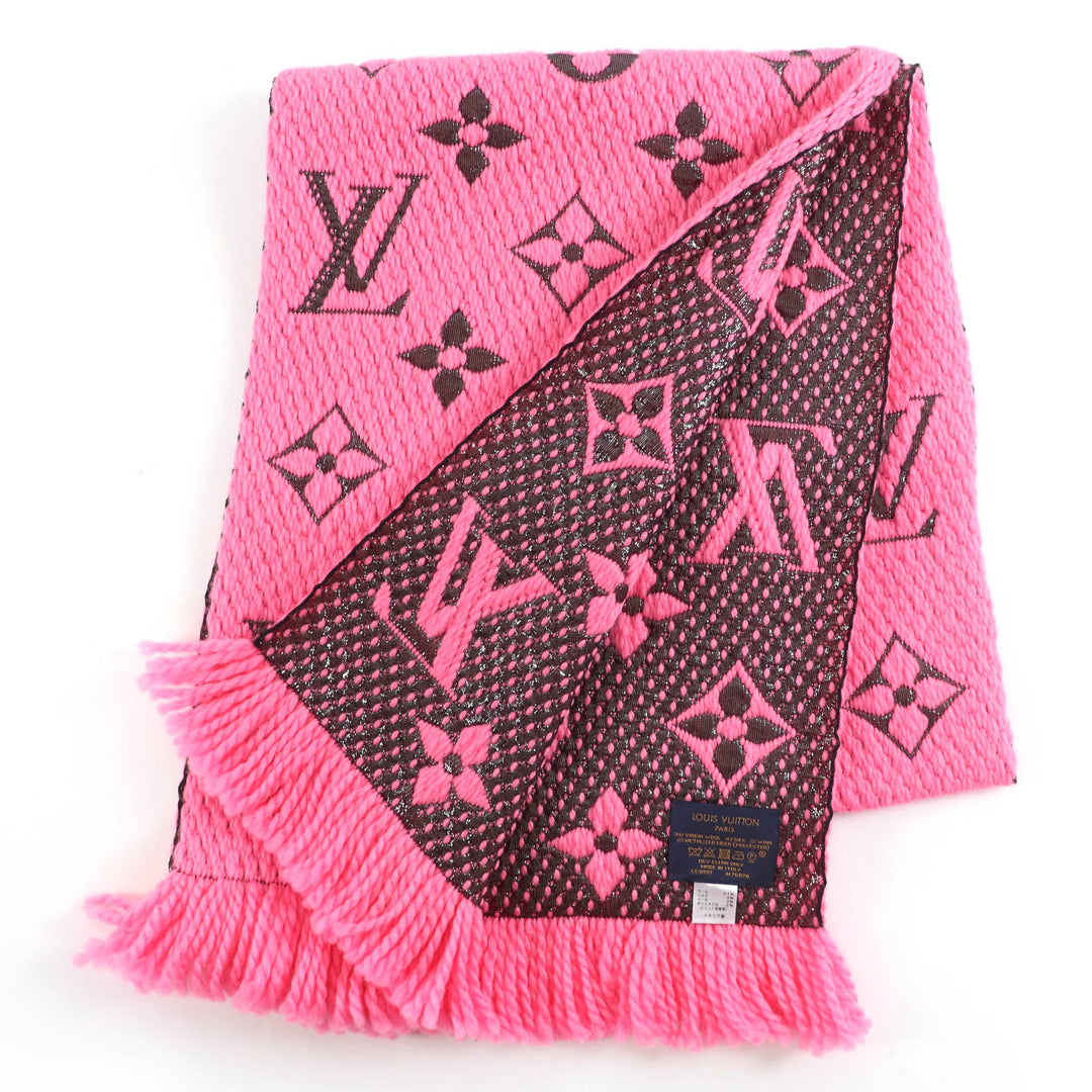 極美品☆LOUIS VUITTON ルイヴィトン 2019年製 M76070 エシャルプ ロゴマニア シャイン シルク混 ローズポップ マフラー 伊製 正規品