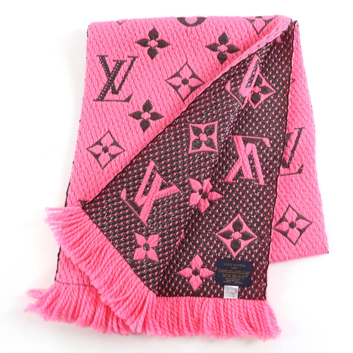 極美品☆LOUIS VUITTON ルイヴィトン 2019年製 M76070 エシャルプ ロゴマニア シャイン シルク混 ローズポップ マフラー 伊製 正規品