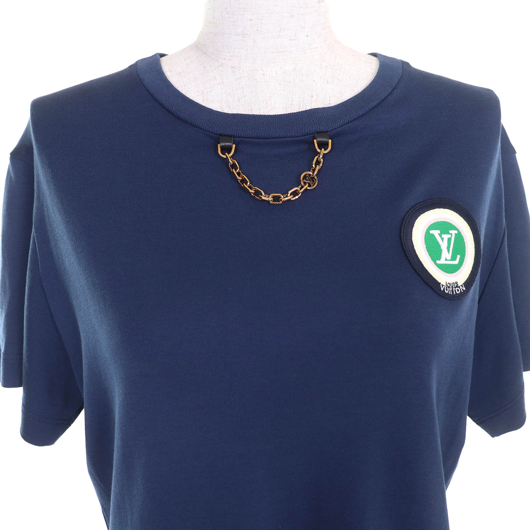 美品△LOUIS VUITTON ルイヴィトン 22AW コットン100％ LVレインボーパッチ チェーン付き クルーネック 半袖Ｔシャツ ネイビー S 正規品