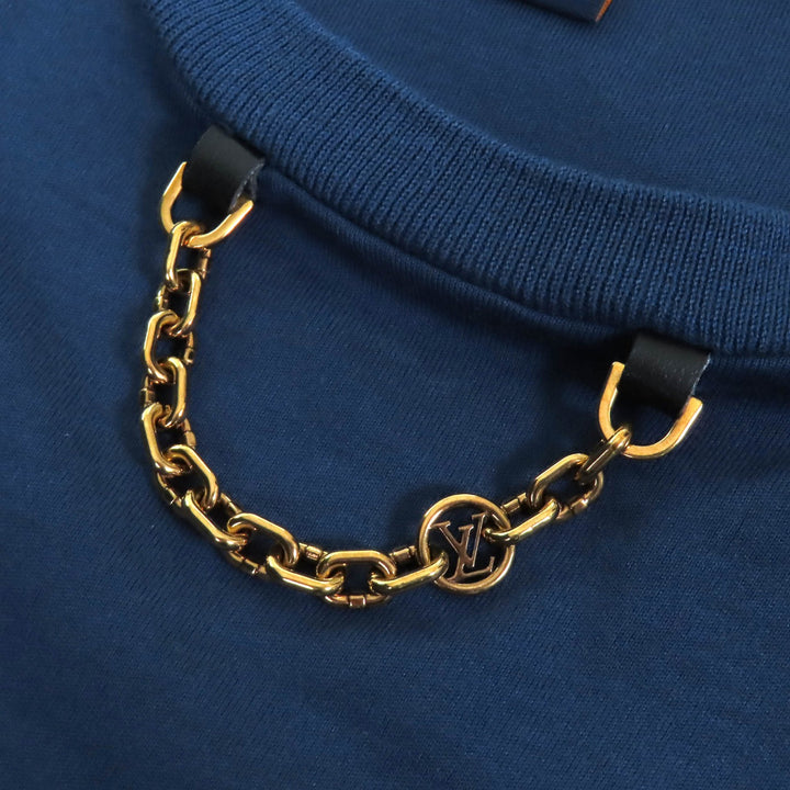 美品△LOUIS VUITTON ルイヴィトン 22AW コットン100％ LVレインボーパッチ チェーン付き クルーネック 半袖Ｔシャツ ネイビー S 正規品