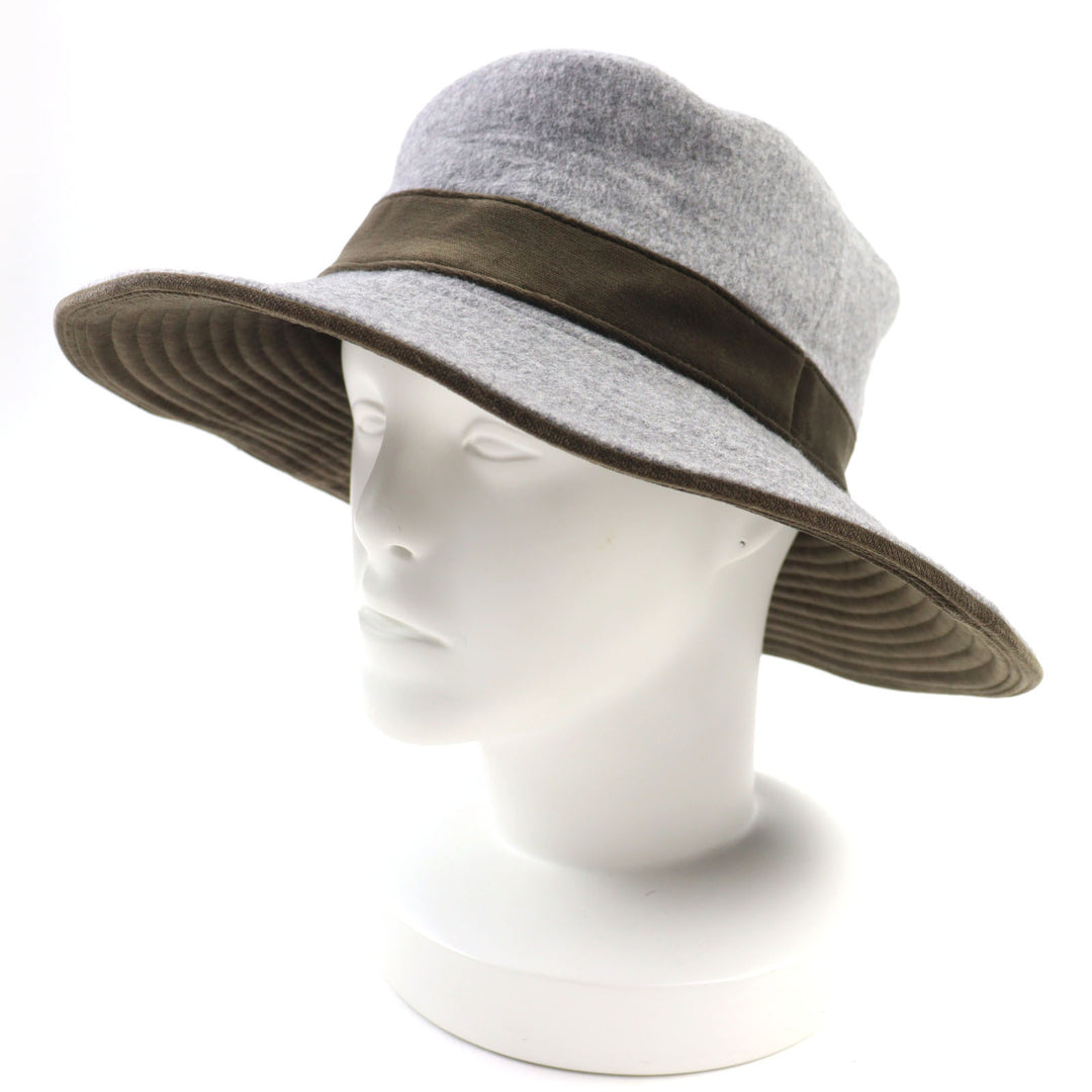 極美品◇HERMES エルメス ウール カシミヤ混 裏地ロゴ総柄 ベロア切替 帽子 ハット グレー カーキ 57 フランス製 正規品 レディース