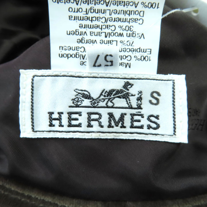 極美品◇HERMES エルメス ウール カシミヤ混 裏地ロゴ総柄 ベロア切替 帽子 ハット グレー カーキ 57 フランス製 正規品 レディース