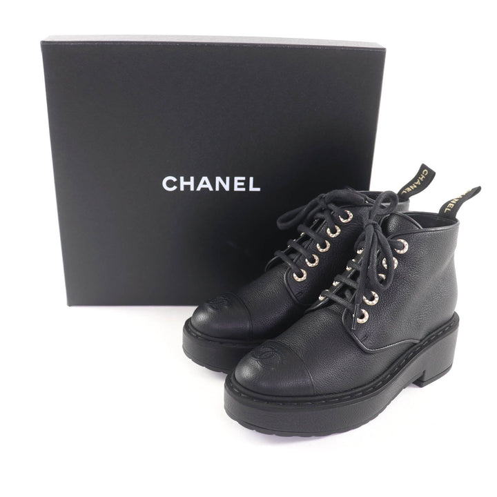 極美品★CHANEL シャネル 20B G36416 Fパール装飾 ココマーク レースアップ レザー ショートブーツ ブラック 36 箱付き イタリア製