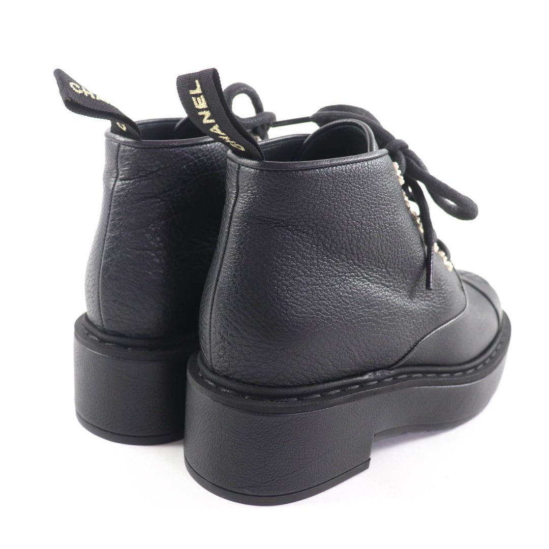 極美品★CHANEL シャネル 20B G36416 Fパール装飾 ココマーク レースアップ レザー ショートブーツ ブラック 36 箱付き イタリア製