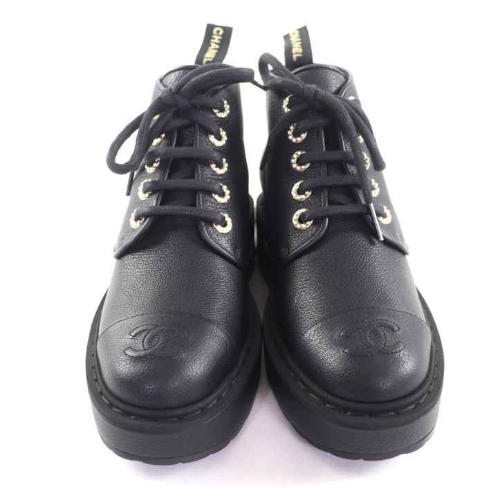 極美品★CHANEL シャネル 20B G36416 Fパール装飾 ココマーク レースアップ レザー ショートブーツ ブラック 36 箱付き イタリア製