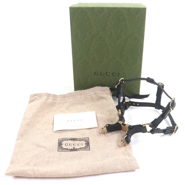 極美品▼GUCCI グッチ 692963 レザー インターロッキングG 犬用 胴輪 ハーネス ブラック ゴールド金具 XS 箱・保存袋付き 伊製 メンズ