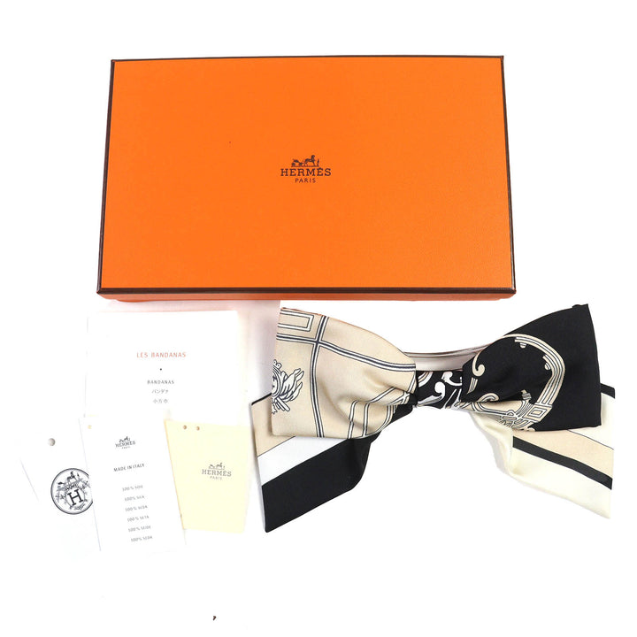 未使用品△HERMES エルメス グルネル エクスリブリス バレッタ シルク100％ シルバー金具 リボン付 ヘアアクセサリー ブラック ベージュ