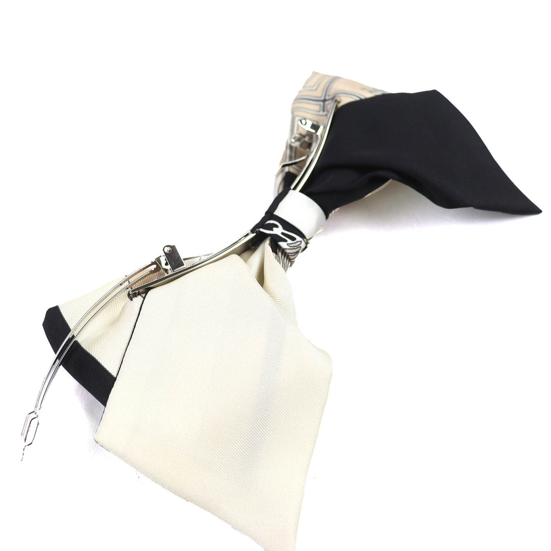 未使用品△HERMES エルメス グルネル エクスリブリス バレッタ シルク100％ シルバー金具 リボン付 ヘアアクセサリー ブラック ベージュ