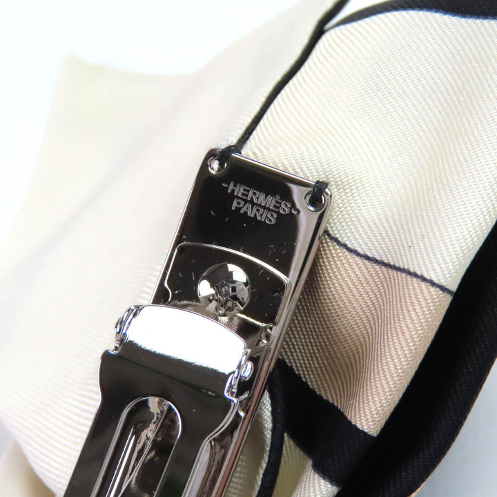 未使用品△HERMES エルメス グルネル エクスリブリス バレッタ シルク100％ シルバー金具 リボン付 ヘアアクセサリー ブラック ベージュ