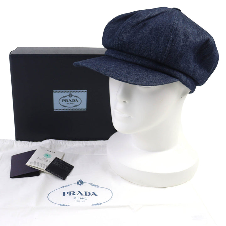 美品△PRADA プラダ 1HC551 コットン100％ トライアングルロゴ 三角プレート デニム キャスケット 帽子 インディゴブルー S 57cm 正規品