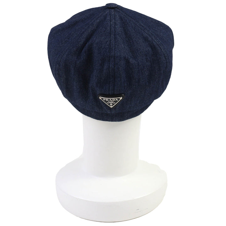 美品△PRADA プラダ 1HC551 コットン100％ トライアングルロゴ 三角プレート デニム キャスケット 帽子 インディゴブルー S 57cm 正規品