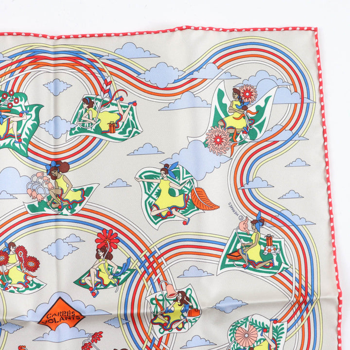 未使用品★HERMES エルメス カレ45 VOLANTS 空飛ぶカレ シルク100％ GRIS PER-E/VERT/JA スカーフ 箱付き フランス製 レディース