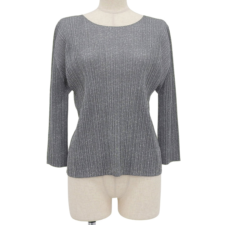 極美品▲PLEATS PLEASE プリーツプリーズ イッセイミヤケ PP01-JK112 七分袖 カットソー トップス グレー 3 日本製 正規品 レディース