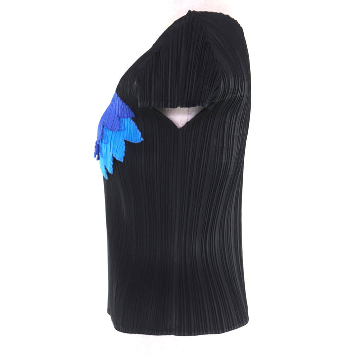 極美品◇PLEATS PLEASE プリーツプリーズ イッセイミヤケ PP33-JK692 青い鳥 カットワーク 半袖 トップス 黒 3 日本製 正規品 レディース