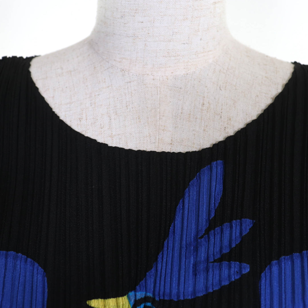 極美品◇PLEATS PLEASE プリーツプリーズ イッセイミヤケ PP33-JK692 青い鳥 カットワーク 半袖 トップス 黒 3 日本製 正規品 レディース